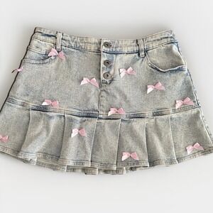 Sweet Society Coquette Denim Mini Skirt Pink Bow Tiered Ruffle Y2K Twee Spring S